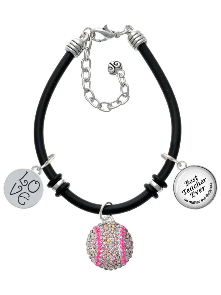 Delight Jewelry Silvertone Large Super Sparkle Crystal Pink AB Softball Dome Best Teacher Ever Black Rubber Charm Bracelet