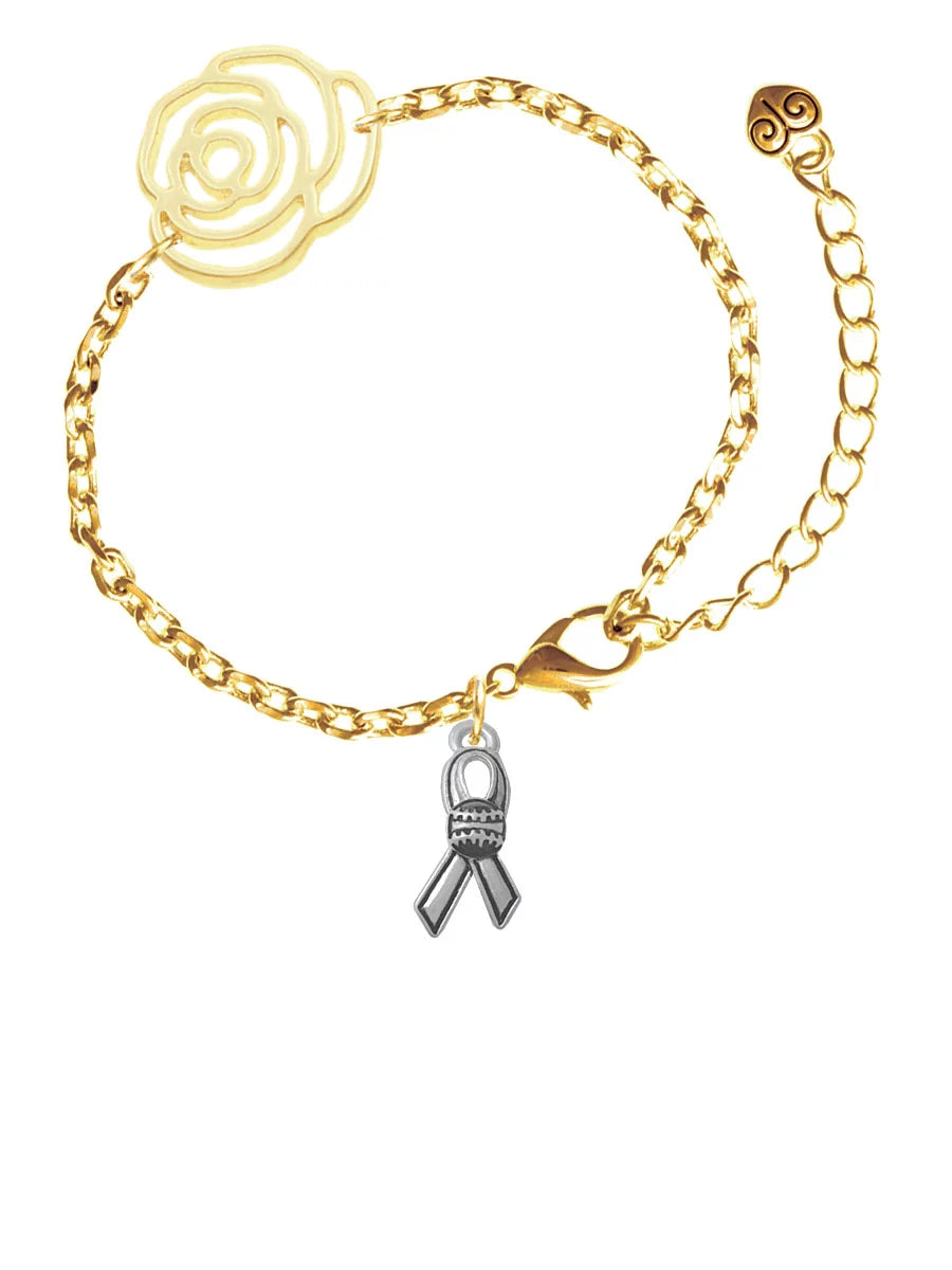 Delight Jewelry Silvertone Ribbon with Softball Gold-tone Flower Link Chain Bracelet, 6.75+2 Extender