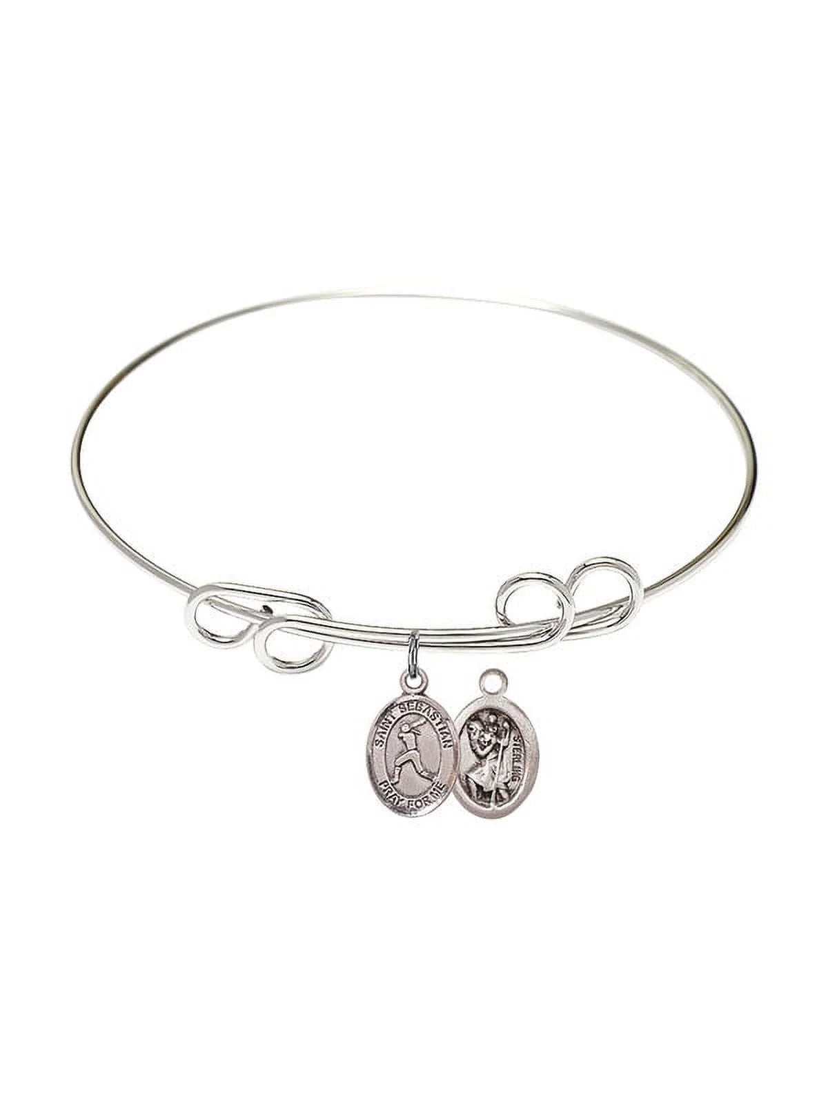 8 inch Round Double Loop Bangle Bracelet w/ St. Sebastian/Softball in Sterling Silver