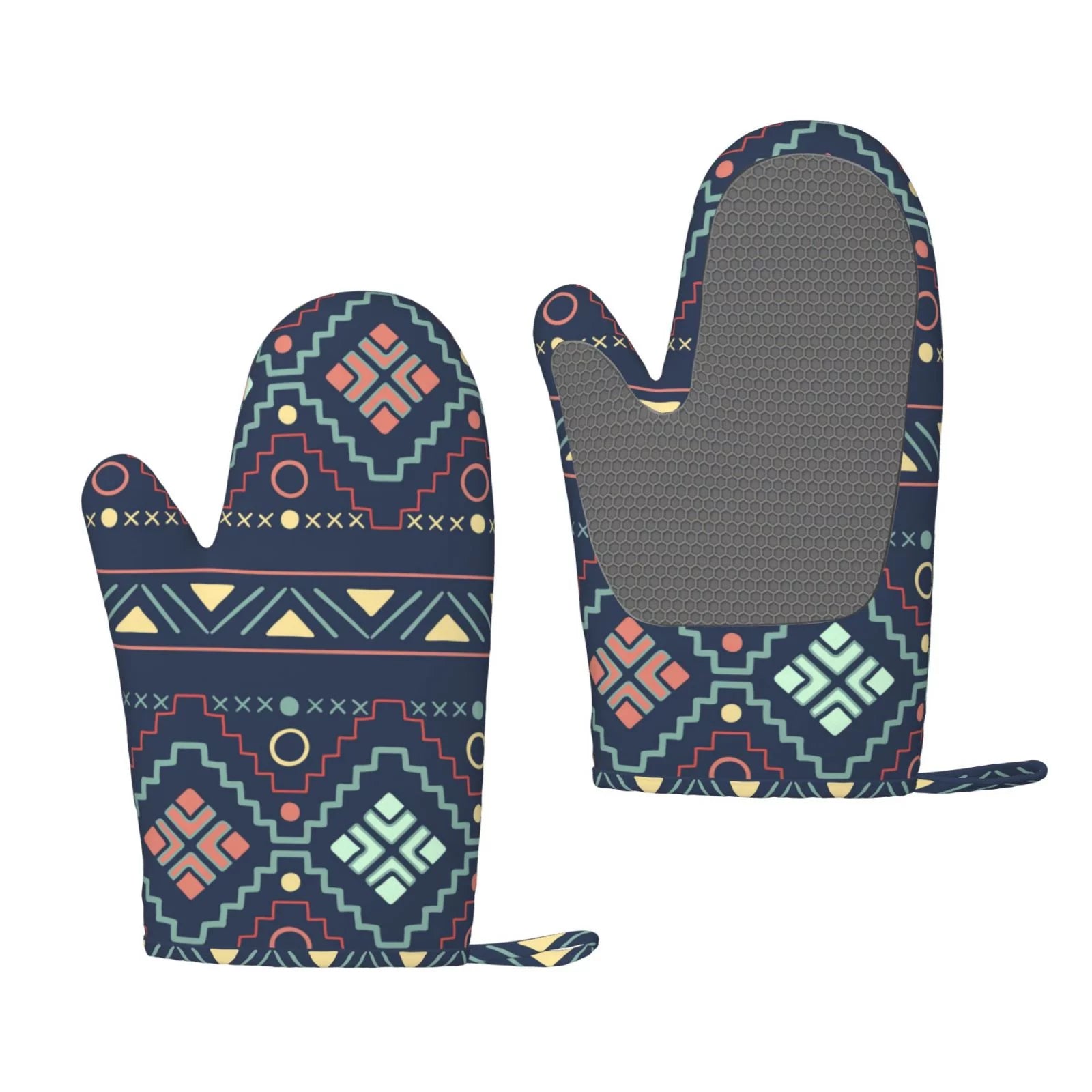 ZNDUO Kitchen Oven Gloves, Durable Heat Resistant Oven Gloves with Quilted Liner Non-Slip Textured Grip Perfect for BBQ, Baking, Cooking and Grilling, Aztec Ethnic Tribal Style