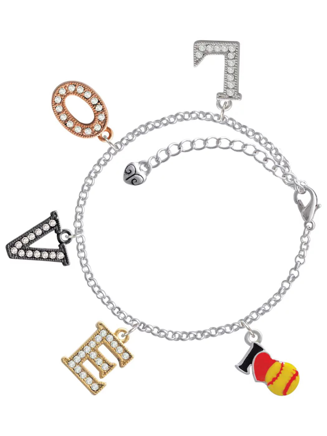 Delight Jewelry Silvertone I love Softball - Red Heart Multi-Colored Crystal Love Charm Bracelet
