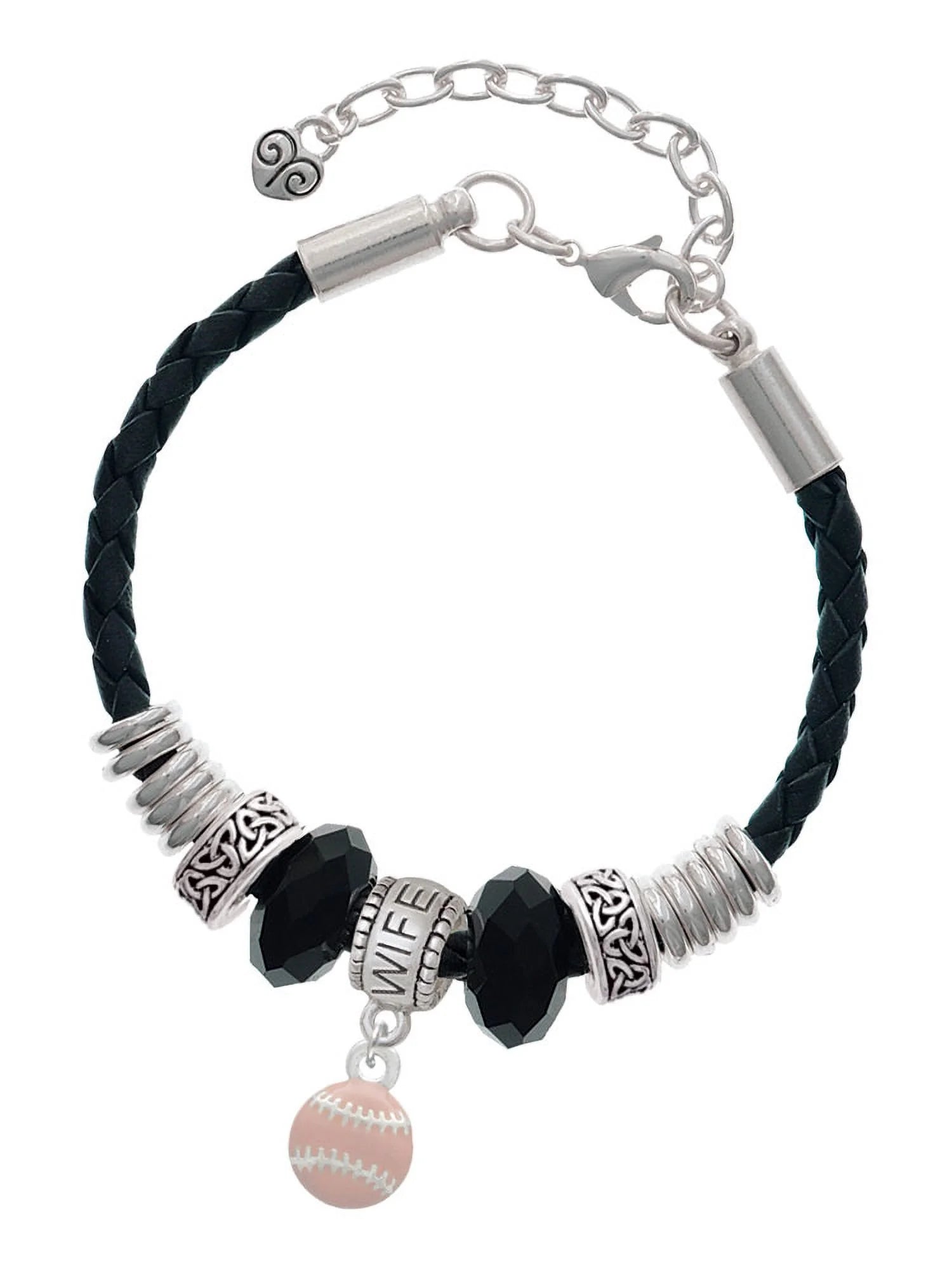Delight Jewelry Silvertone Mini Pink Softball or Baseball Wife Celtic Knot Leather Bead Bracelet, 7+2 Extender