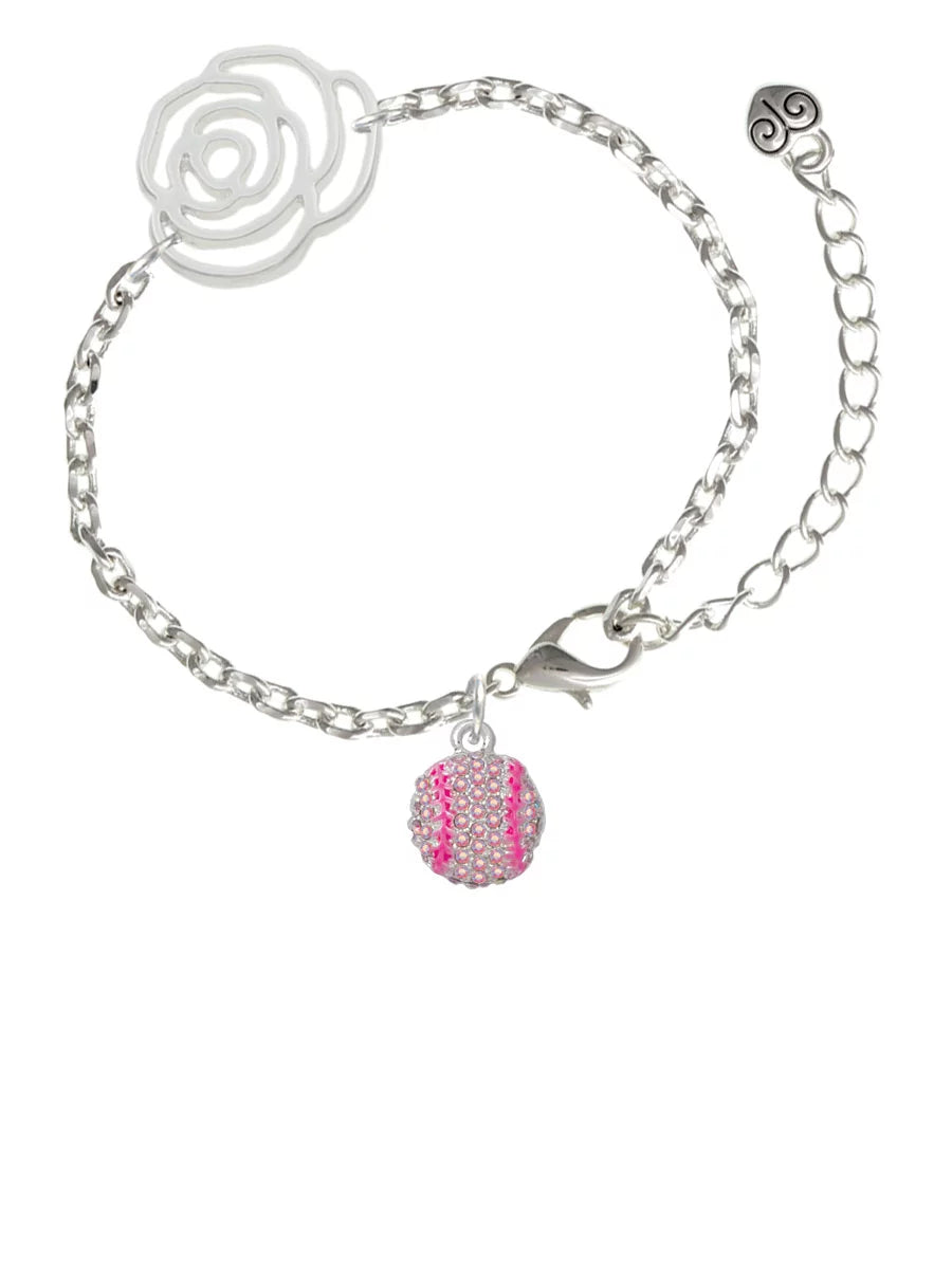 Delight Jewelry Silvertone Small Sparkle Pink AB Softball Silver-tone Flower Link Chain Bracelet, 6.75+2 Extender