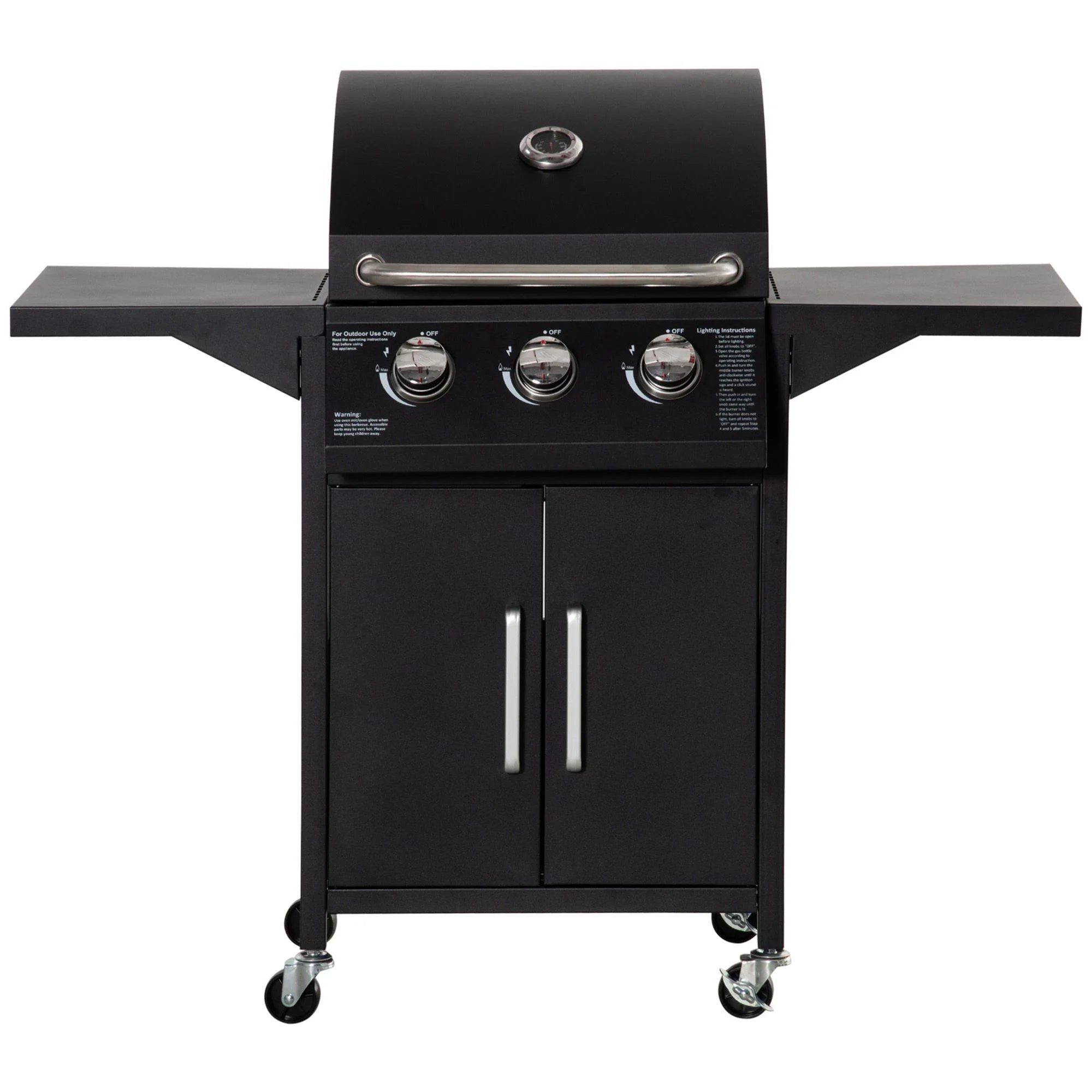 Outsunny 3 Burner Gas Grill w/ Wheels, Storage Shelves, Thermometer, Black