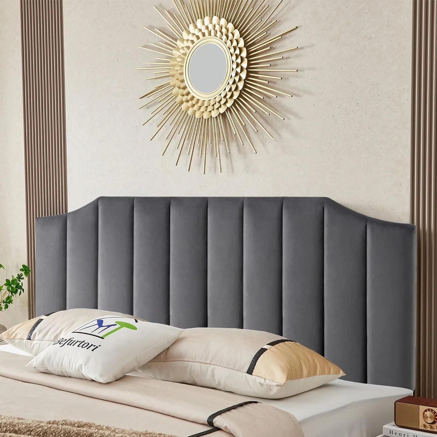 Velvet Upholstered King/Cal King Headboard, Tufted Headboard for King/Cal King Bed, Modern Vertical Channel Design with Curved Tufted Solid Wood Head Board and Luxury Soft Padded, Dark Gray
