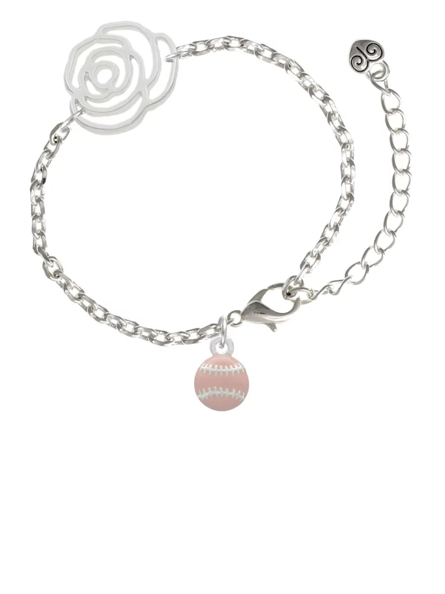 Delight Jewelry Silvertone Mini Pink Softball or Baseball Silver-tone Flower Link Chain Bracelet, 6.75+2 Extender