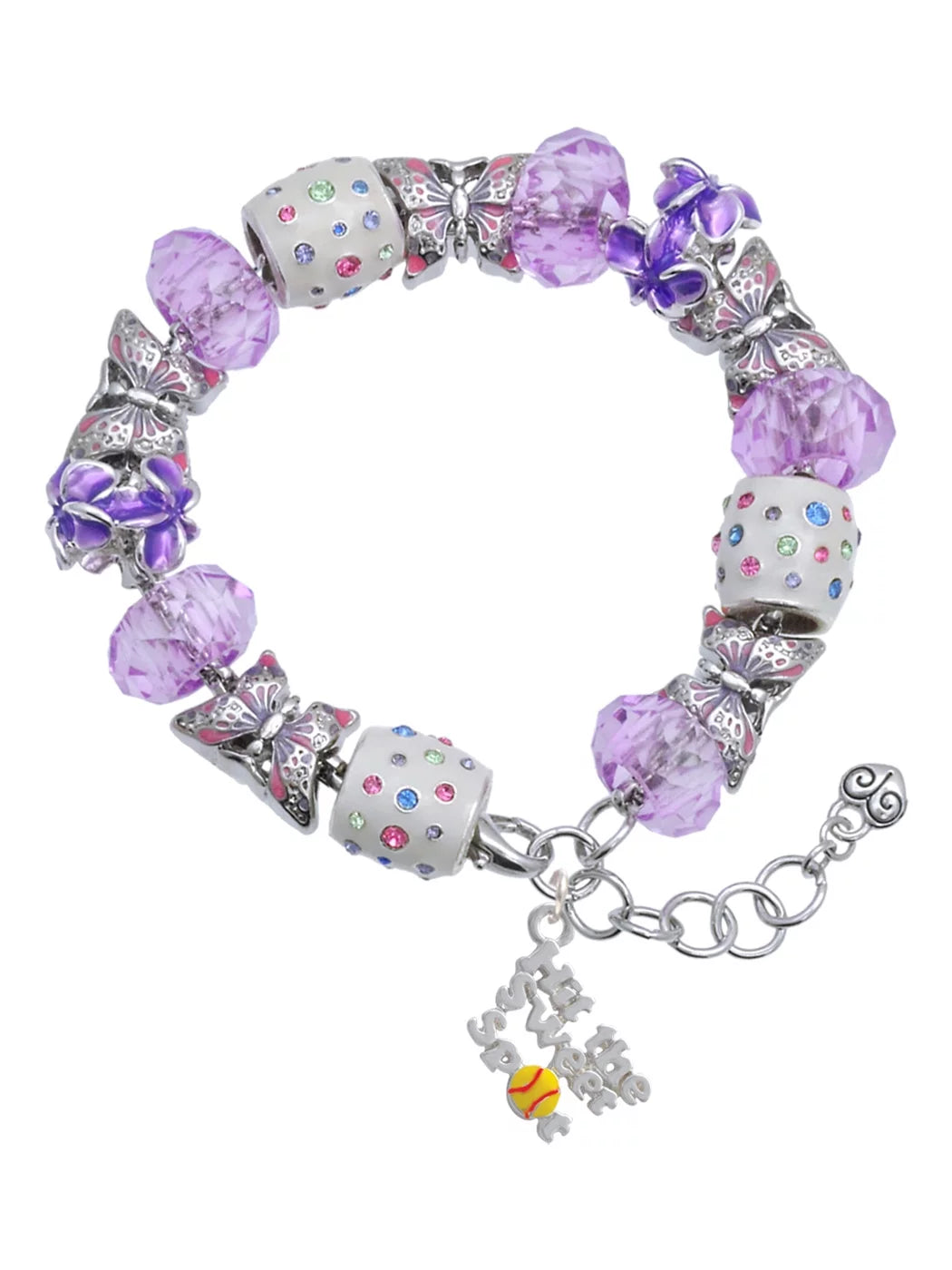 Delight Jewelry Silvertone Hit the Sweet Spot with Yellow Softball Purple Butterfly Bead Charm Bracelet, 7+1 Extender