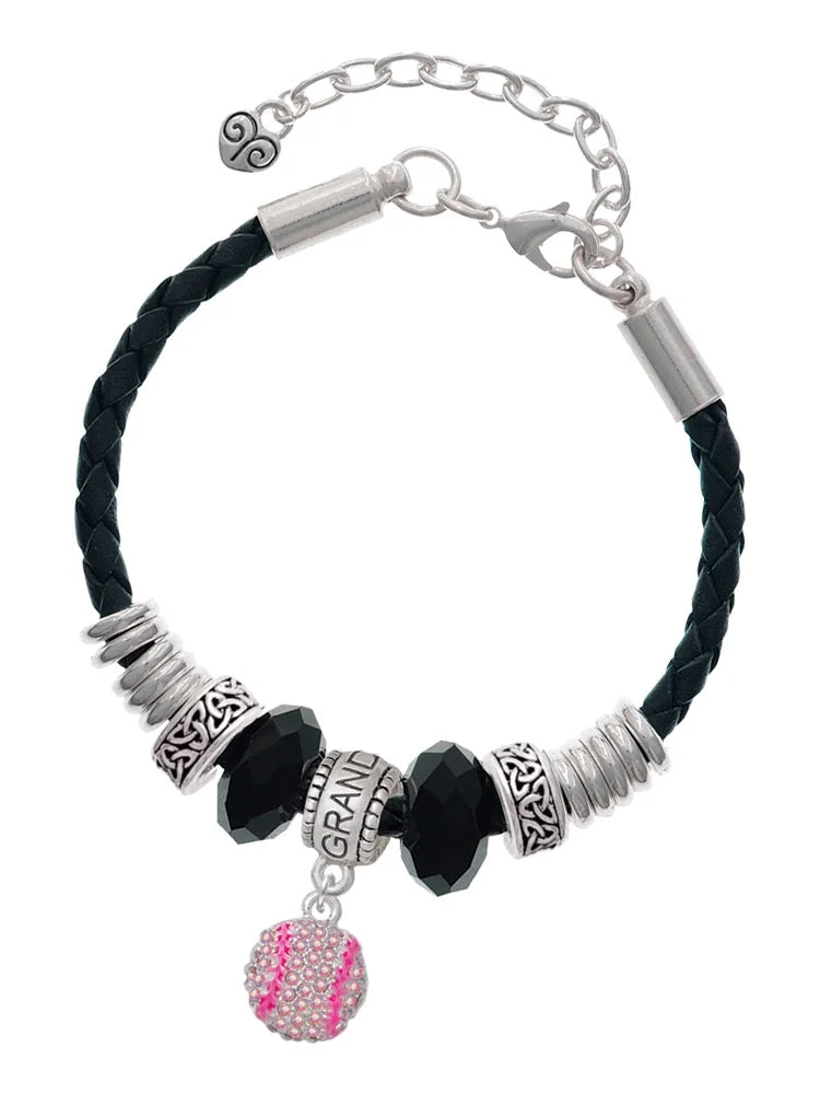 Delight Jewelry Silvertone Small Sparkle Pink AB Softball Granddaughter Celtic Knot Leather Bead Bracelet, 7+2 Extender