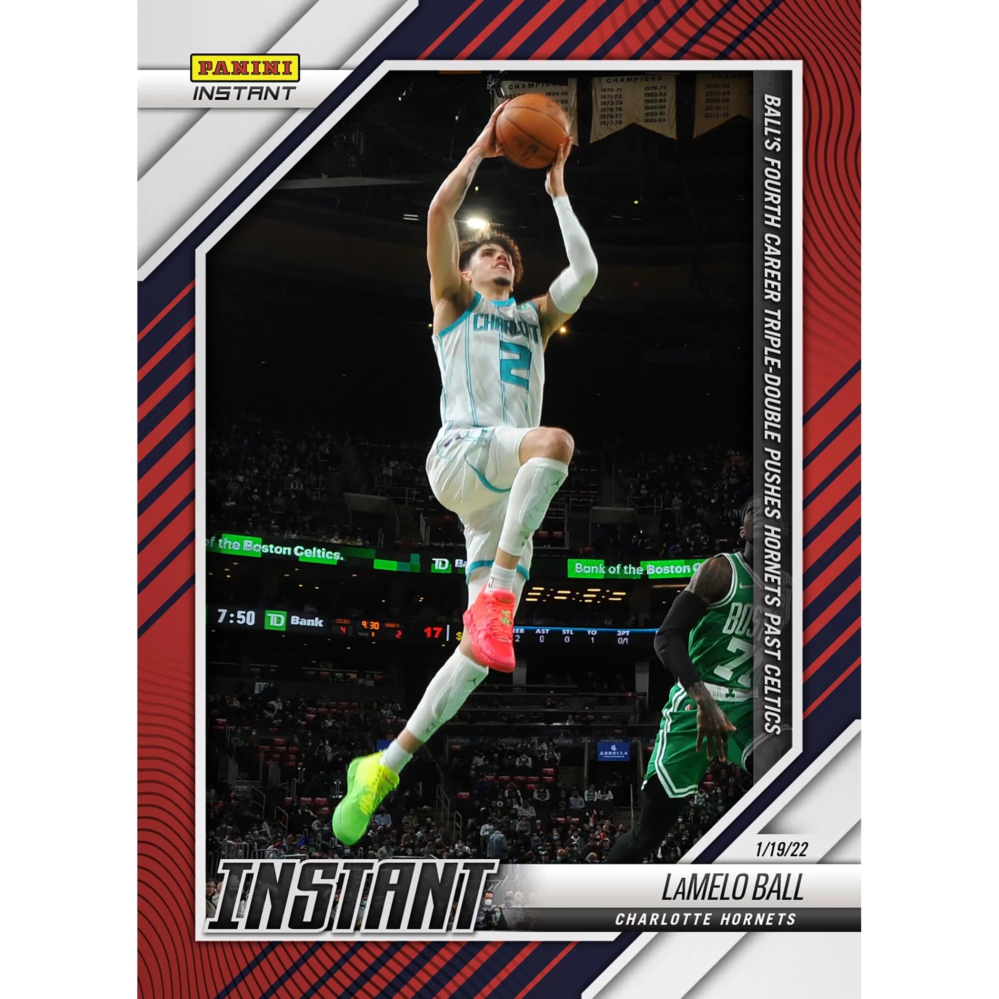 LaMelo Ball Charlotte Hornets Fanatics Exclusive Parallel Panini Instant Ball's 4th Career Triple-Double Pushes Hornets Past Celtics Single Trading Card - Limited Edition of 99