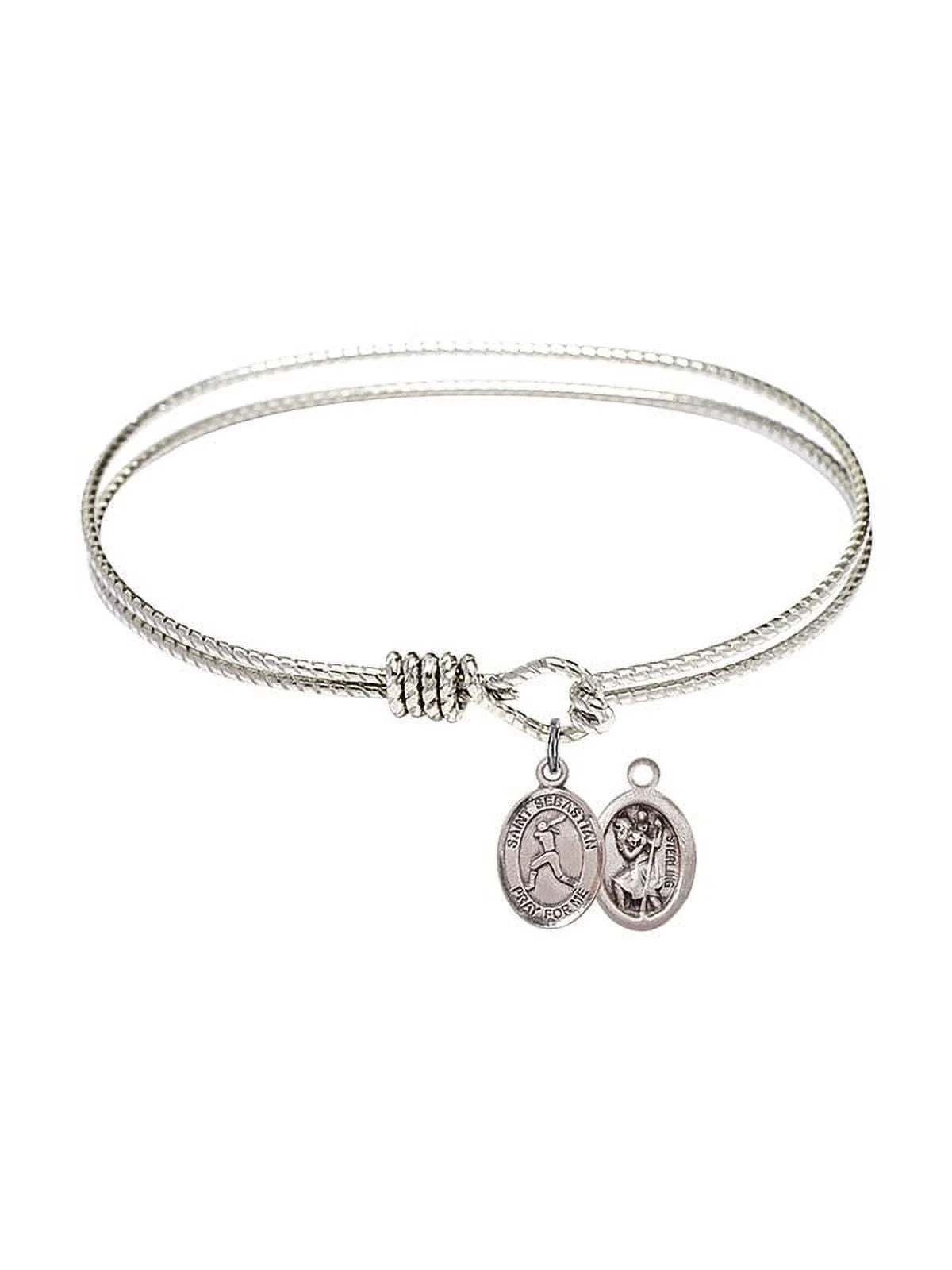 7 1/4 inch Oval Eye Hook Bangle Bracelet w/ St. Sebastian/Softball in Sterling Silver
