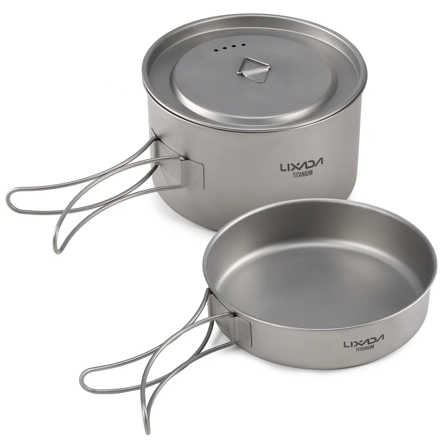 Lixada Lixada 2pcs Camping Cookware Set Titanium Pot Pan Cooking Set with Foldable Handles Mesh Carry Bag