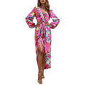 SZXZYGS Womens Summer Dresses for Beach Vacation Midi Womens Casual Printed Dress V Neck French Retro Irregular Pleated Zou Dress Casual Dress 2024 Women Dresses