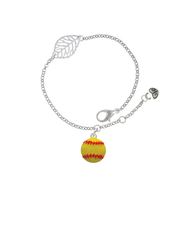 Delight Jewelry Silvertone Large Optic Yellow Softball - Silvertone Leaf Delicate Bracelet, 6.25+1.75