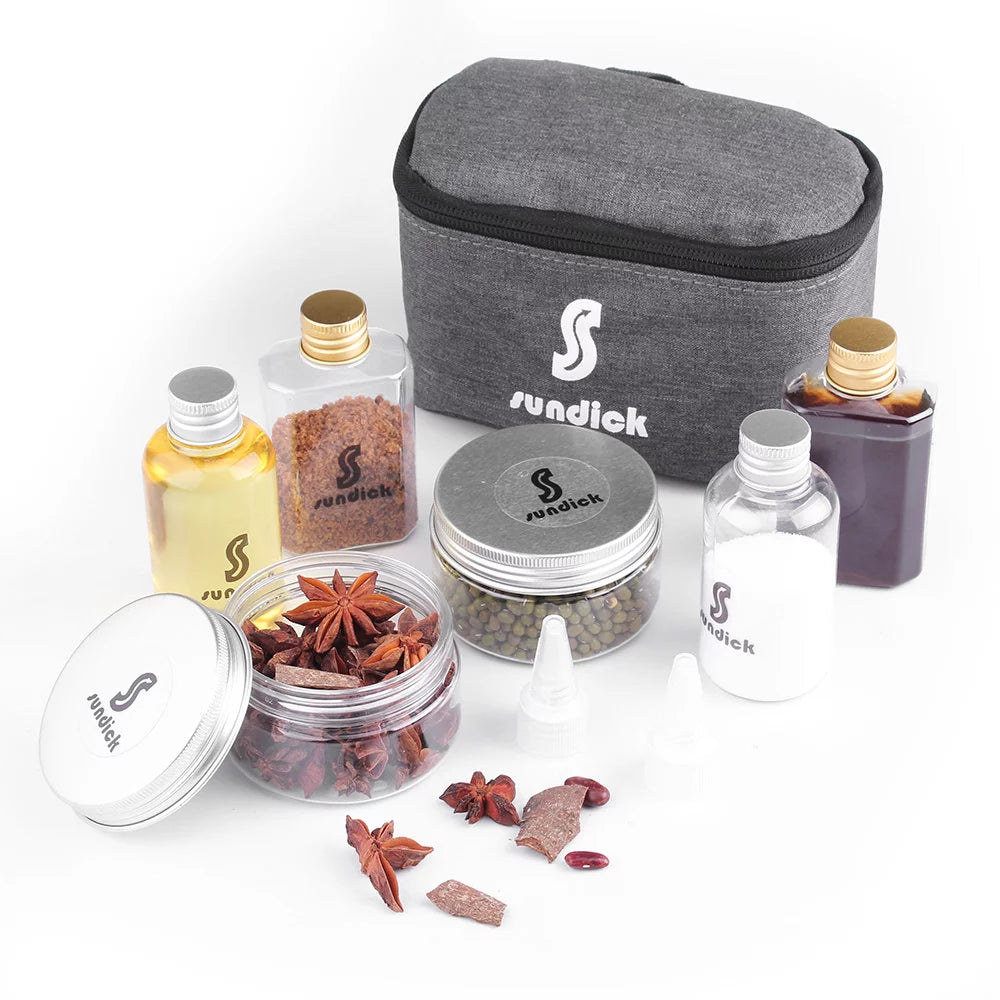 7 PCS Spice Cruets Set Travel Size Salt Bottle BBQ Sauce Container Anise Bottle Storage Bag Set for Camping Hiking BBQ Self-driving Traveling