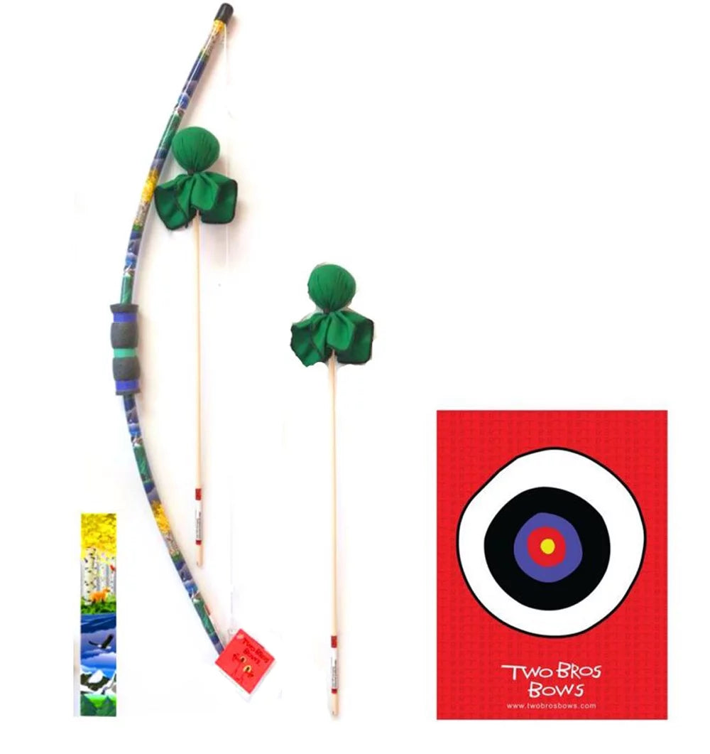 Two Bros Bows Wildlife Set- 1 Wildlife Pattern Bow 2 Green Arrows 1 Bulls-eye Archery Toy Set