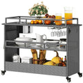 leecrd Outdoor Kitchen Island Rolling Trolley Cart  Wicker Bar Cart with Wheels and 2 Steel Shelves  Kitchen Storage Dining Serving Cart - Gray