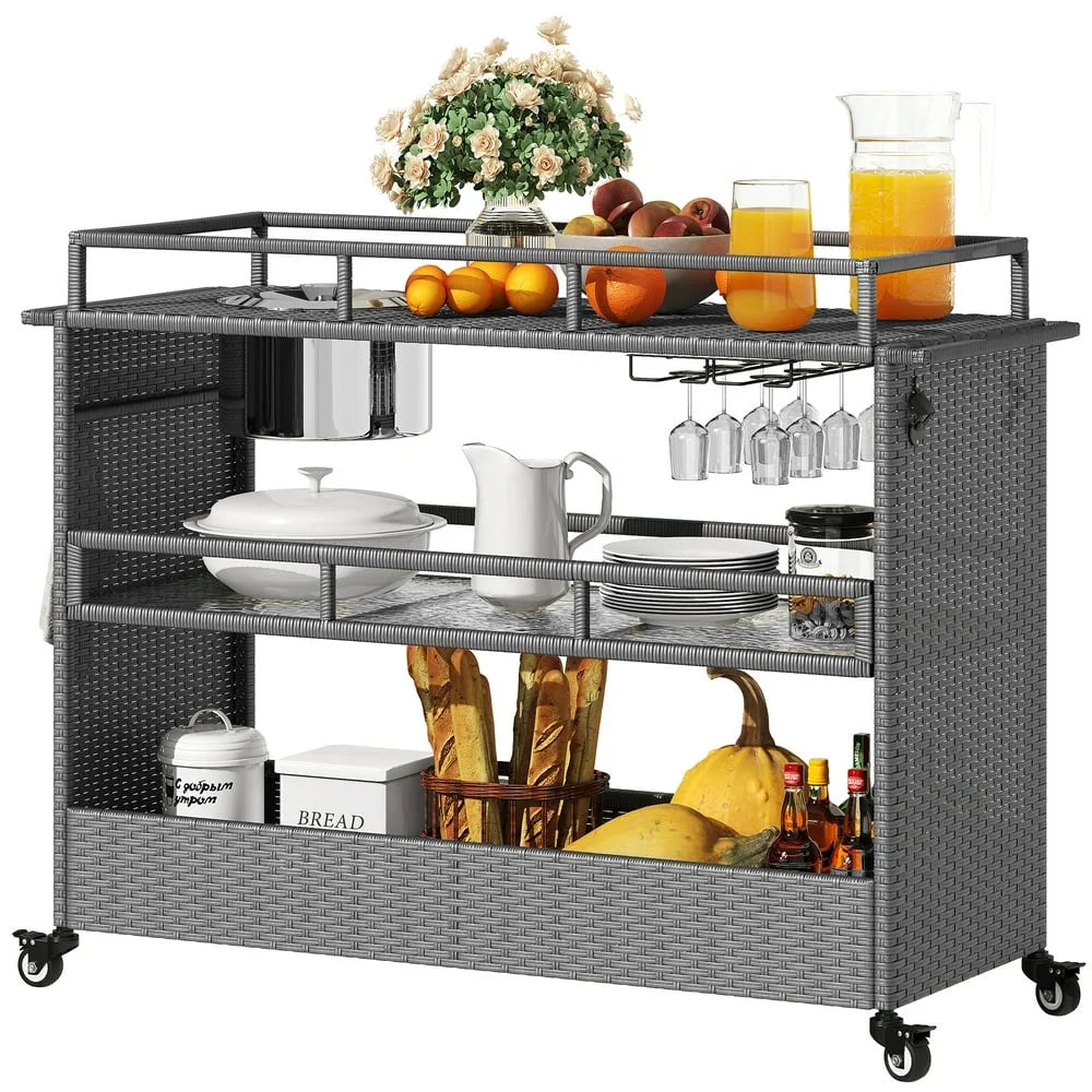 leecrd Outdoor Kitchen Island Rolling Trolley Cart  Wicker Bar Cart with Wheels and 2 Steel Shelves  Kitchen Storage Dining Serving Cart - Gray