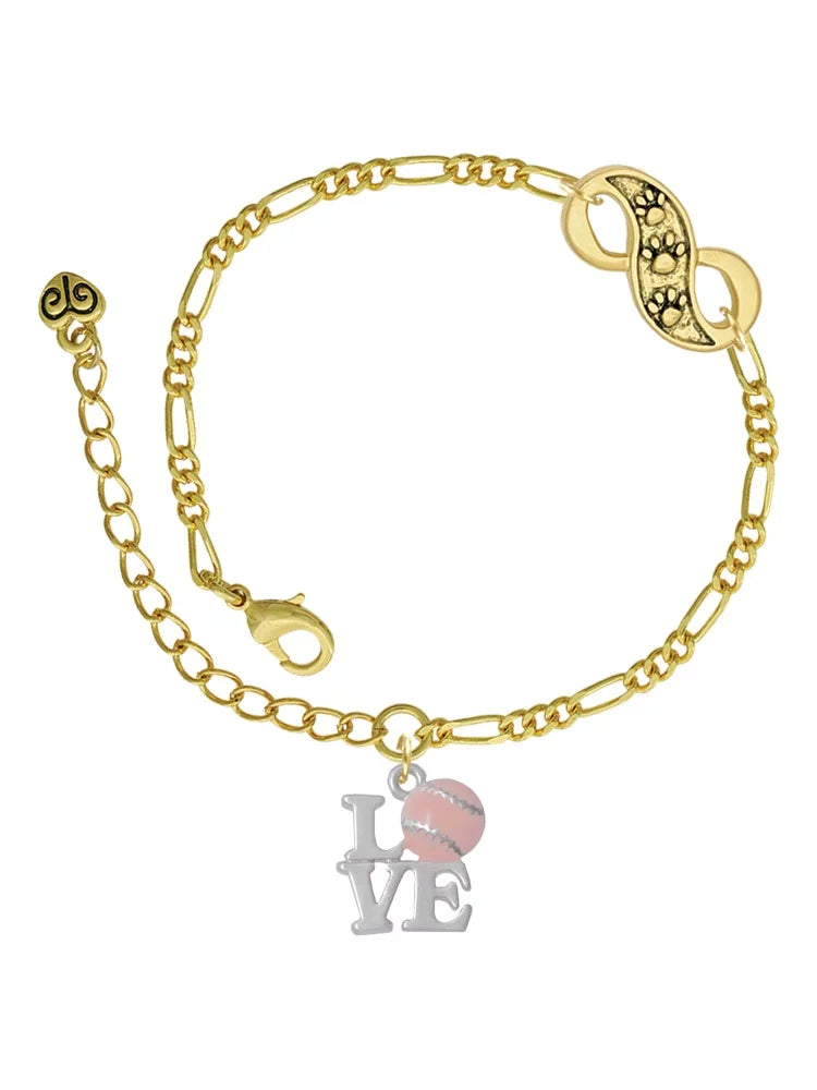 Delight Jewelry Love with Pink Softball Gold-tone Paw Infinity Link Chain Bracelet, 6+2 Extender