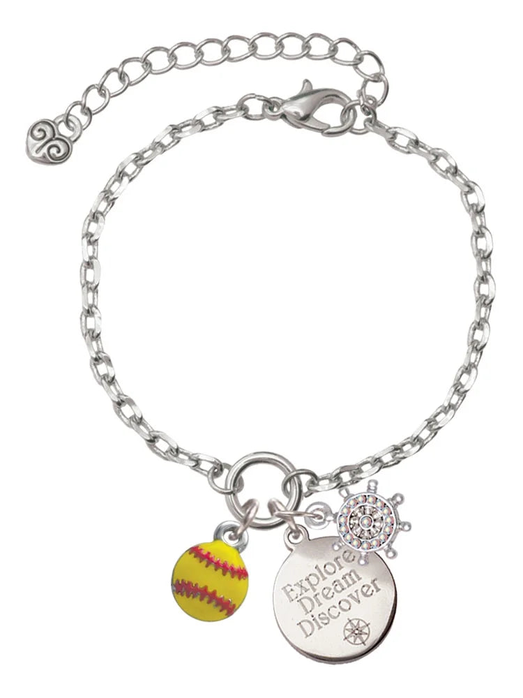 Delight Jewelry Silvertone Mini Yellow Softball - Silvertone Discover Dream Explore Zoey Charm Bracelet, 6.5+2 Extender
