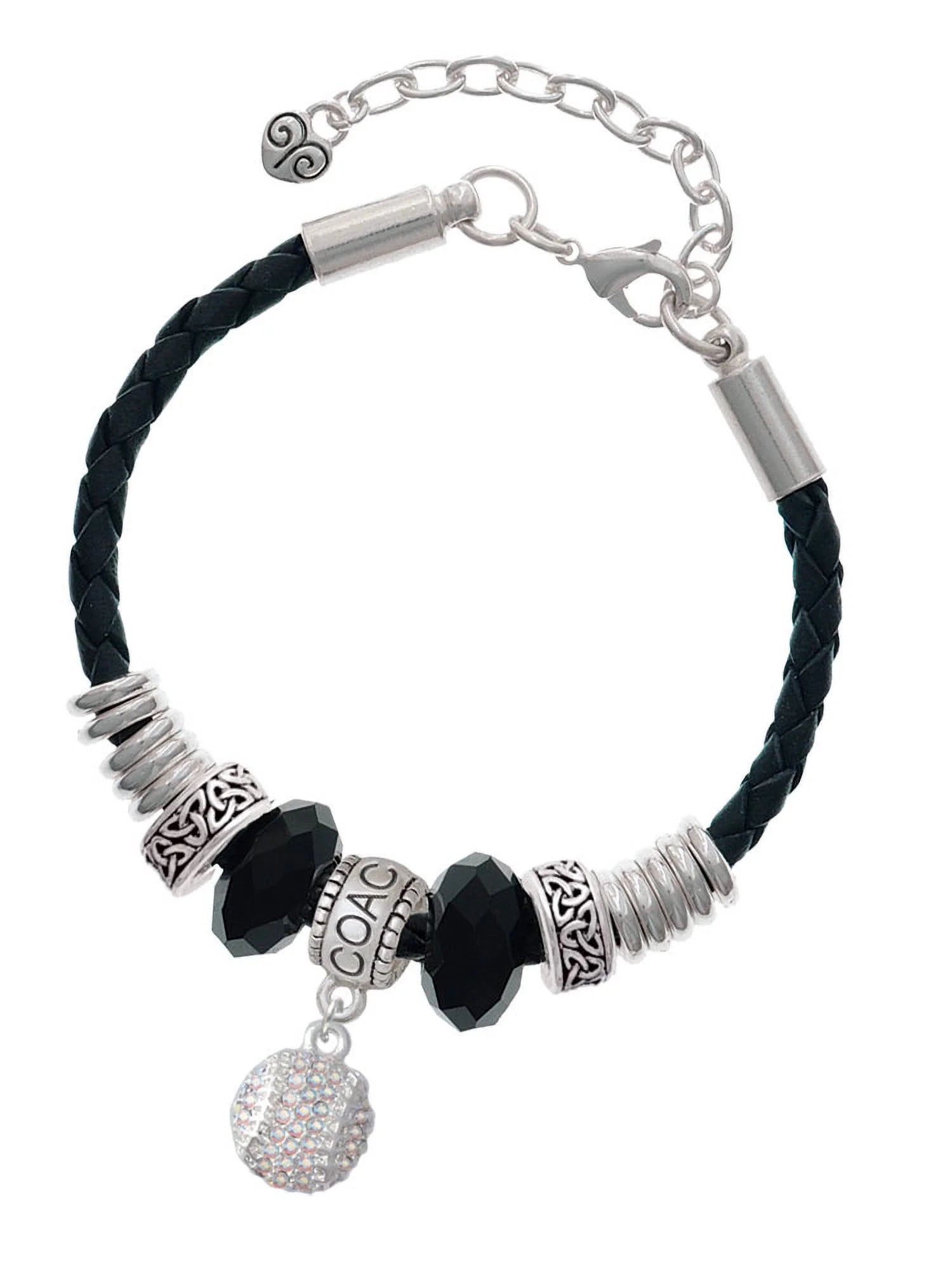 Delight Jewelry Silvertone Small Sparkle Clear AB Softball Coach Celtic Knot Leather Bead Bracelet, 7+2 Extender