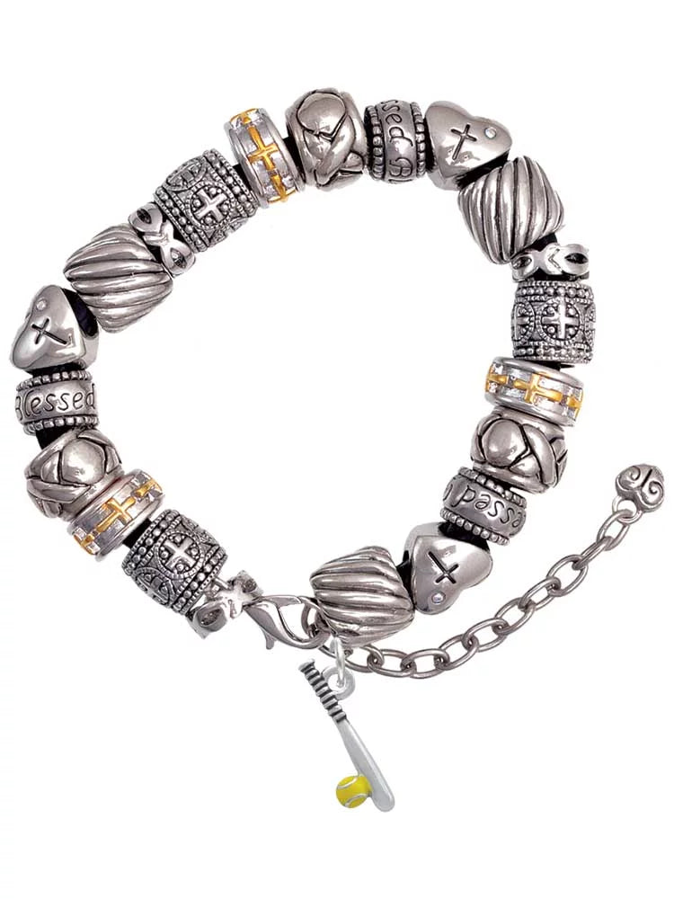 Silvertone Enamel Softball and Bat Silver Tone Christian Bead Bracelet