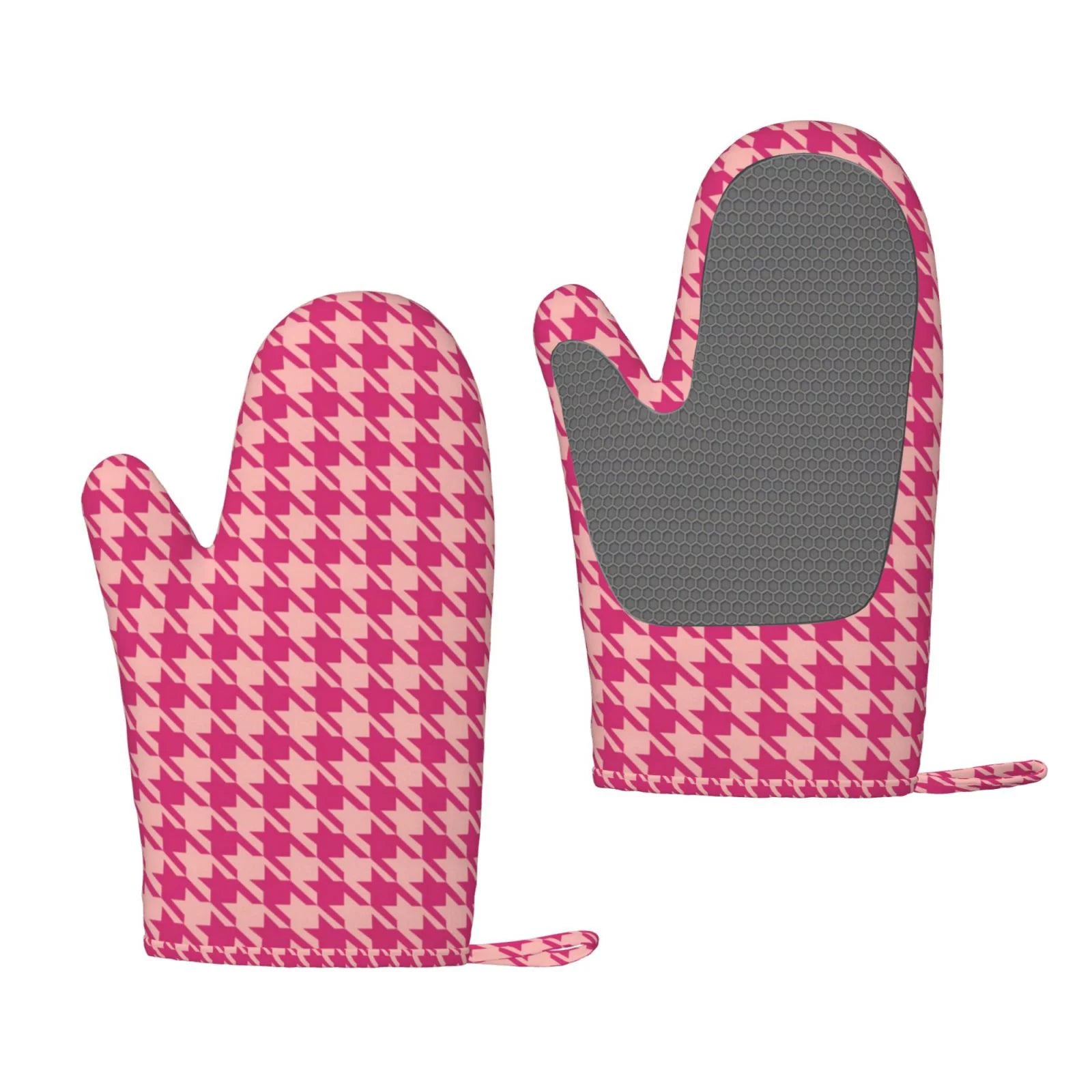 ZNDUO Kitchen Oven Gloves, Durable Heat Resistant Oven Gloves with Quilted Liner Non-Slip Textured Grip Perfect for BBQ, Baking, Cooking and Grilling, Pink Houndstooth