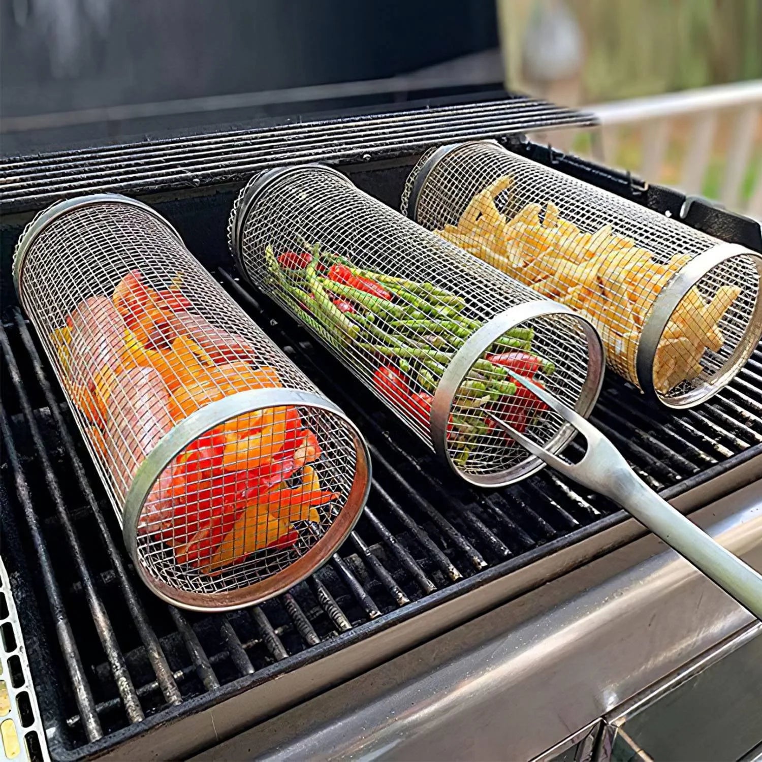 Grill Basket, iMounTEK Rolling Grilling Basket, Set of 2, Stainless Steel Grill Mesh Barbeque Grill Accessories for Outdoor Grill for Fish, Shrimp, Meat, Vegetables, Fries