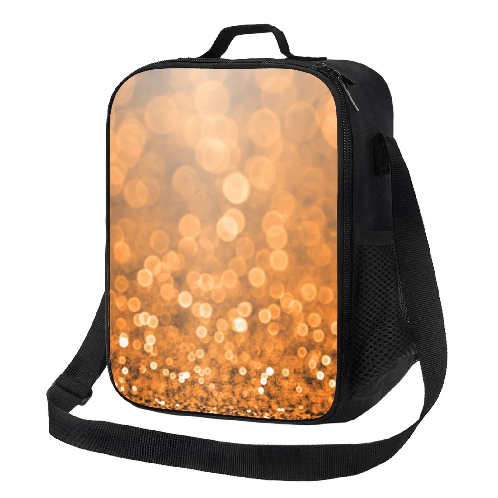 Bingfone Sparkling Orange And Black Reusable Insulated Lunch Bag Cooler For Work School Picnic Or Travel