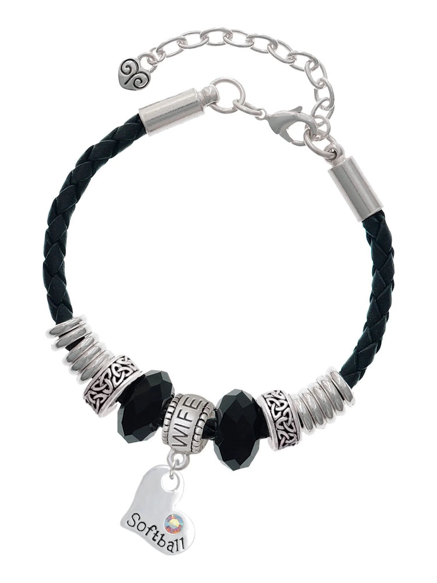 Delight Jewelry Heart with ''Softball'' and AB Crystal Wife Celtic Knot Leather Bead Bracelet, 7+2 Extender
