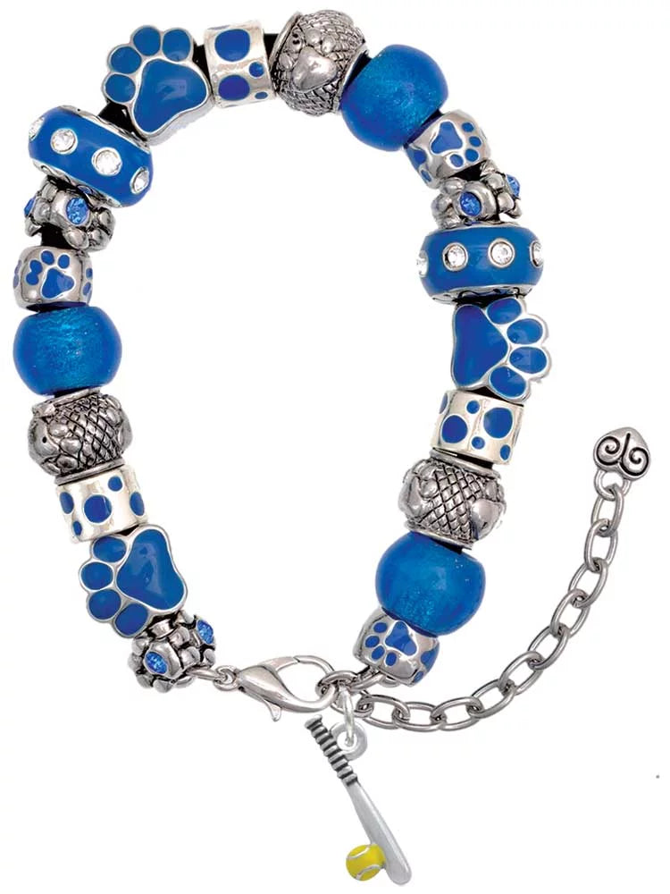 Delight Jewelry Silvertone Enamel Softball and Bat Blue Paw Print Bead Bracelet, 7+2