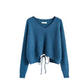 WILLBEST Women's Pullover Sweaters Women's Solid Color French Pullover Sweater Women's Tie Up Short