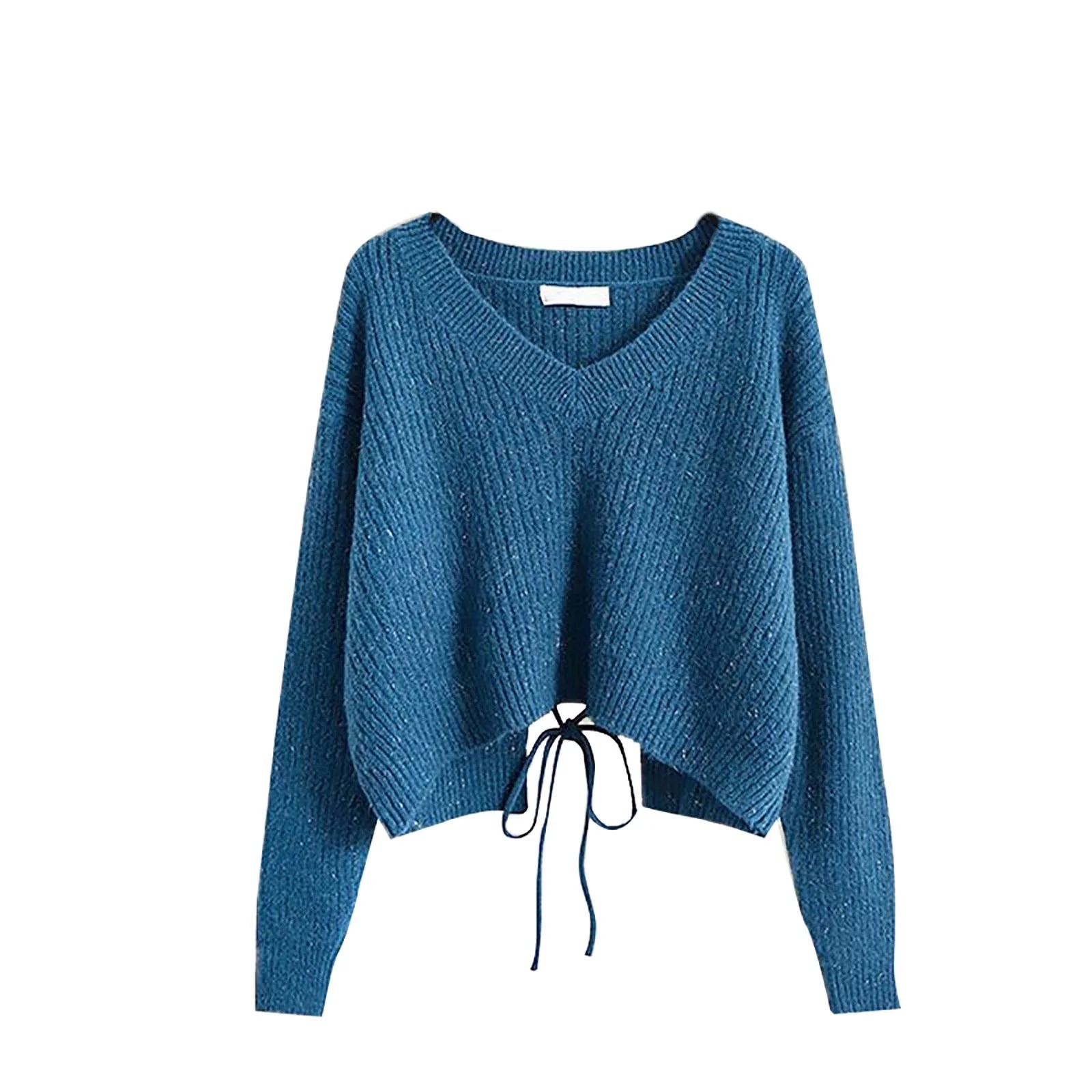 WILLBEST Women's Pullover Sweaters Women's Solid Color French Pullover Sweater Women's Tie Up Short