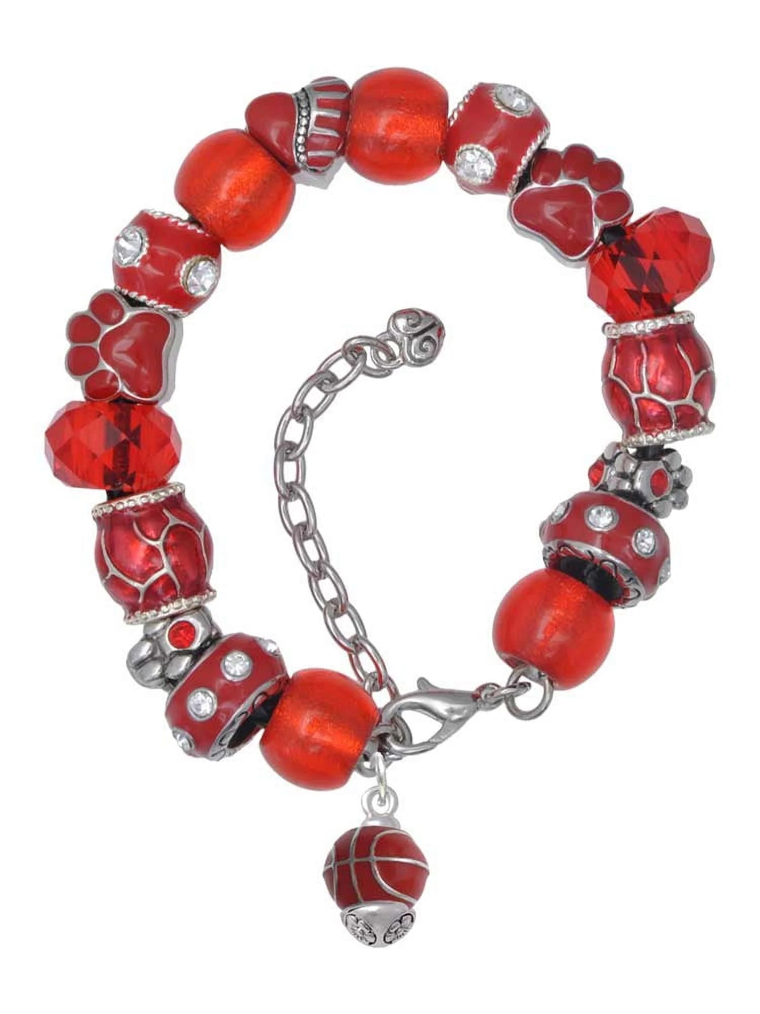 Delight Jewelry Silvertone 3-D Enamel Basketball Spinner Red Paw Print Bead Bracelet, 7+2