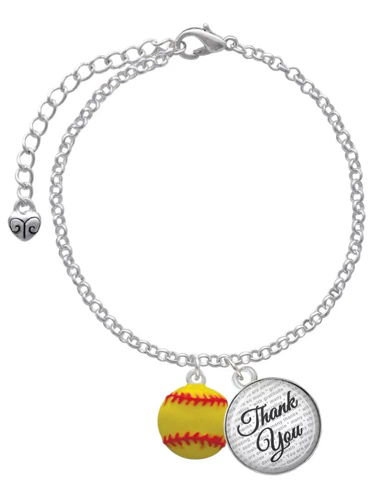 Delight Jewelry Silvertone Large Optic Yellow Softball - Domed Thank You Charm Bracelet, 6+2