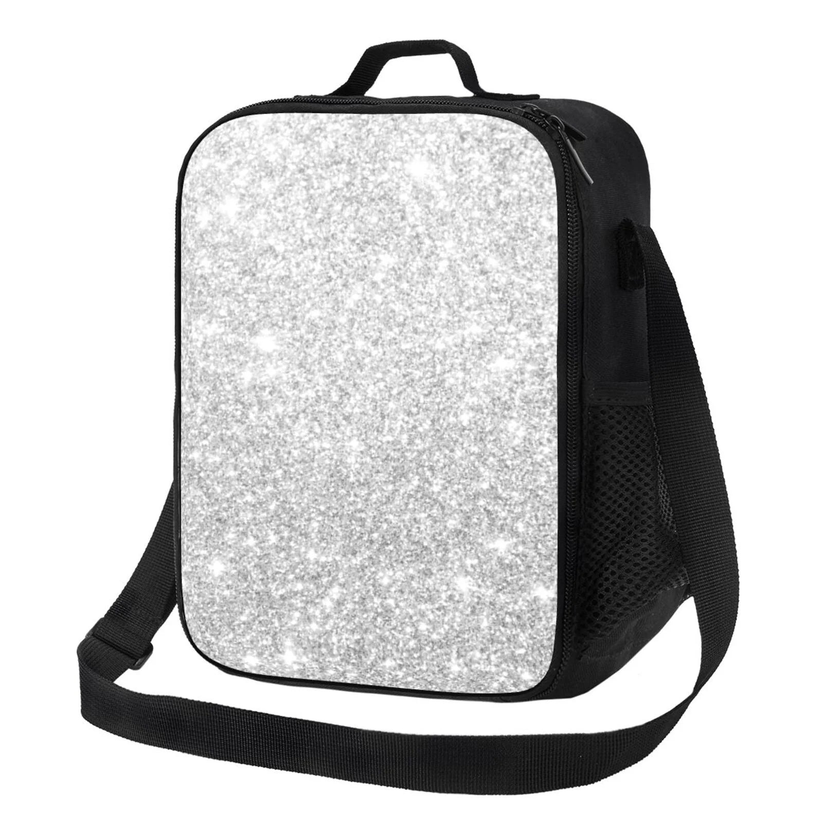 Bingfone Silver Glitter Reusable Insulated Lunch Bag Cooler For Work School Picnic Or Travel