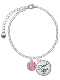 Delight Jewelry Silvertone Small Sparkle Pink AB Softball - Domed Thank You Charm Bracelet, 6+2