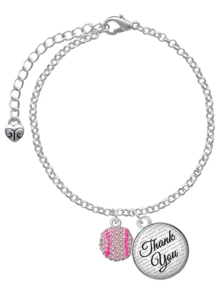 Delight Jewelry Silvertone Small Sparkle Pink AB Softball - Domed Thank You Charm Bracelet, 6+2