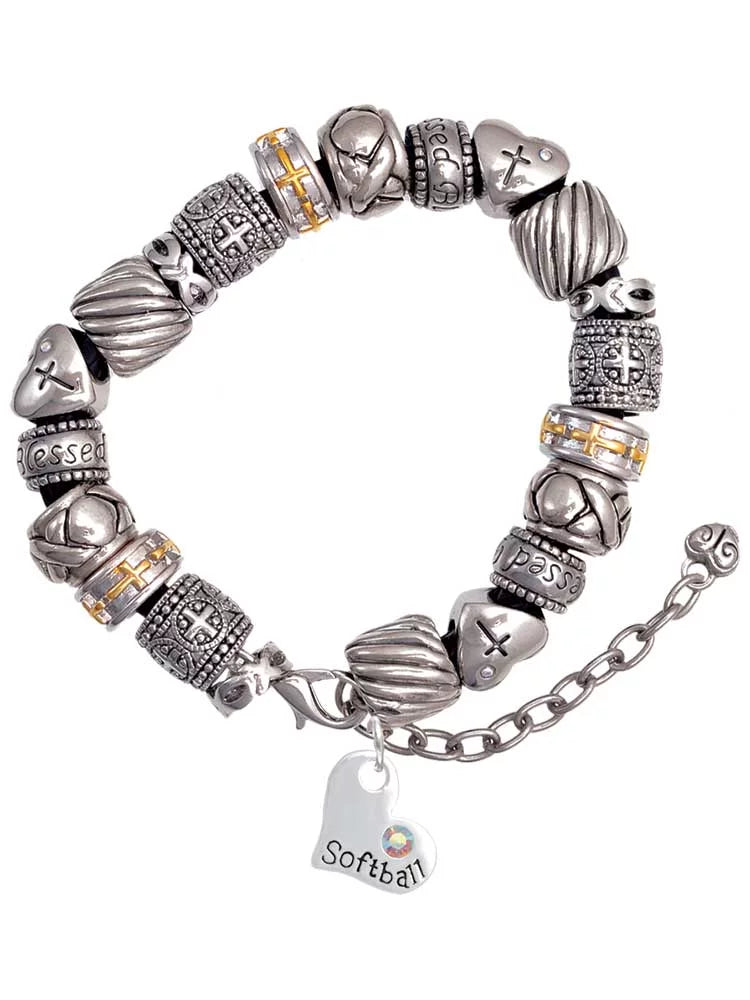 Heart with ''Softball'' and AB Crystal Silver Tone Christian Bead Bracelet