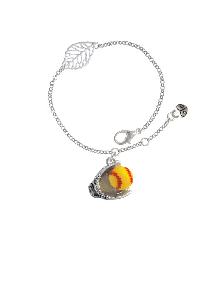 Delight Jewelry Silvertone Extra Large Softball and Glove - Silvertone Leaf Delicate Bracelet, 6.25+1.75