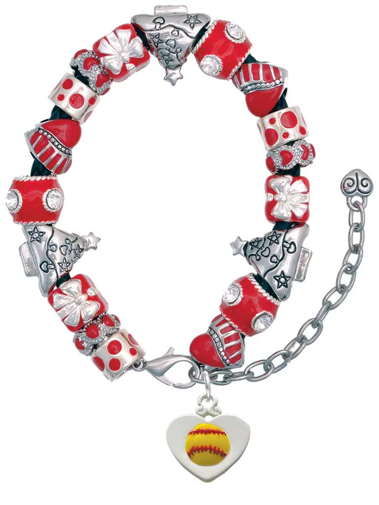 Silvertone Softball in Heart Red Christmas Bead Bracelet