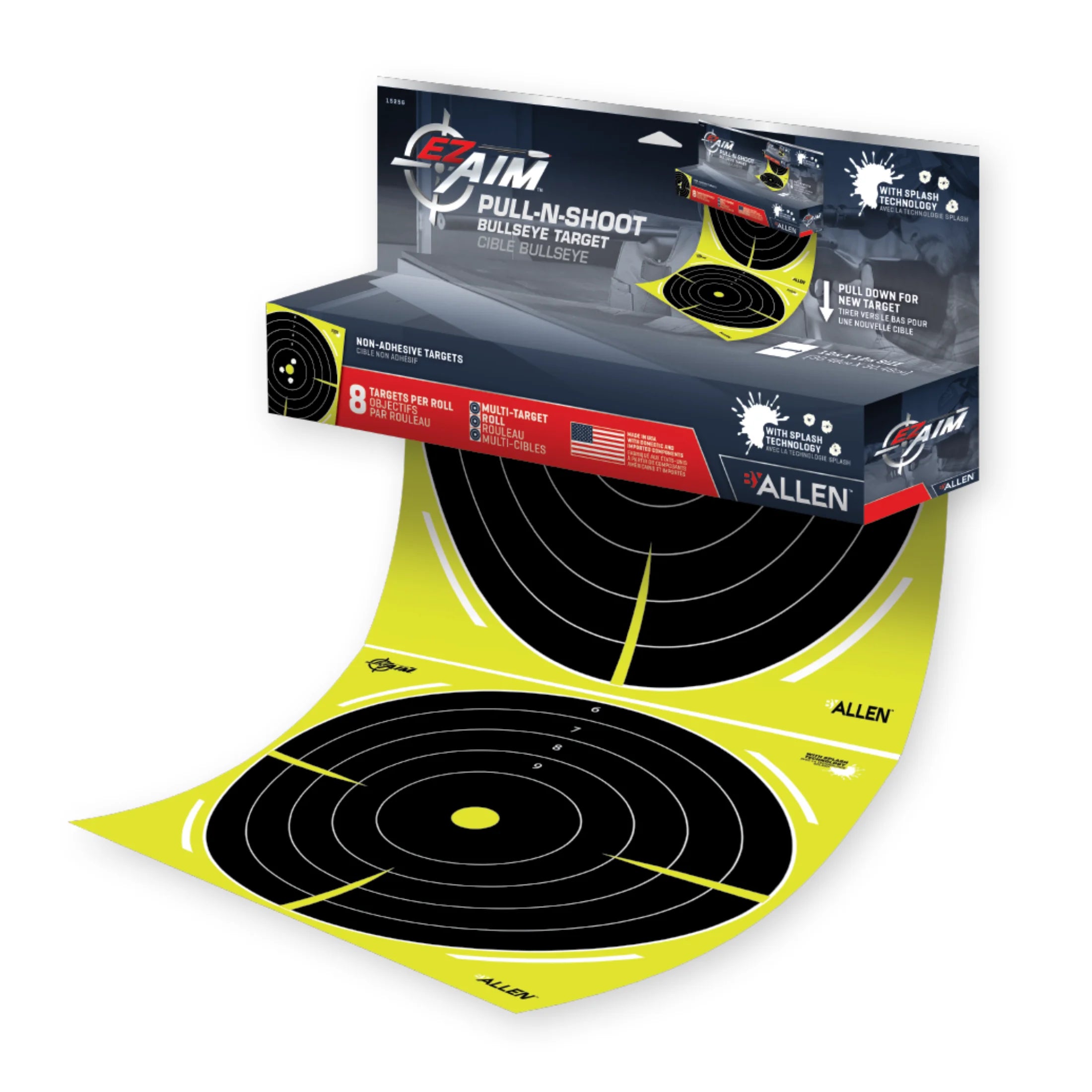 Ez Aim Pull-N-Shoot Splash Reactive Paper Shooting Targets by Allen Company, Bullseye, 8-Targets Per Roll, 12W x 12H, Multi-Color