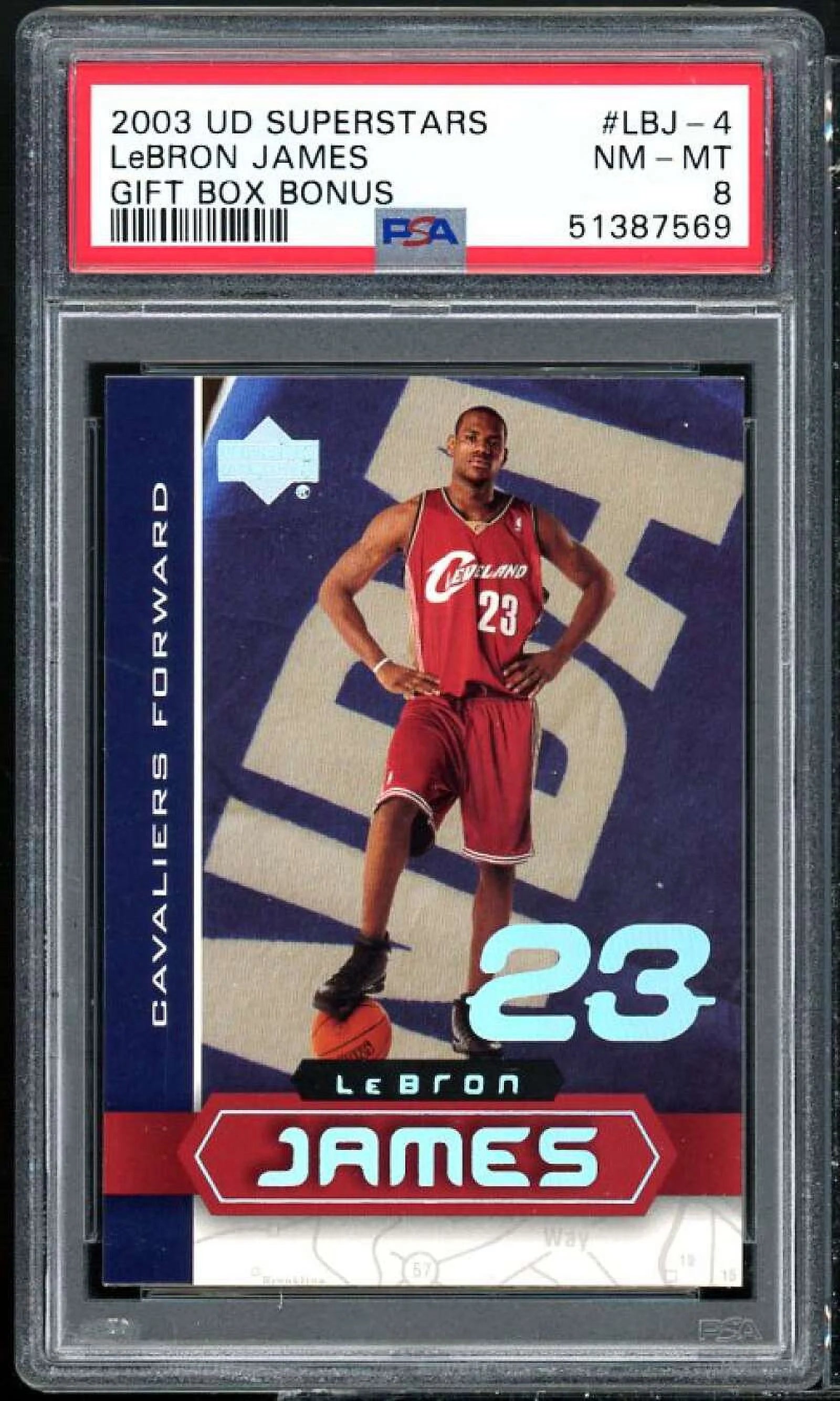 LeBron James Rookie Card 2003 UD Superstars Gift Box Bonus #LBJ-4 PSA 8