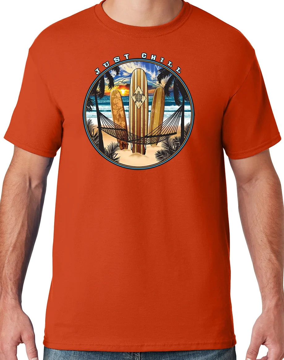 Mens Manu Bay Surf Company JUST CHILL SURFING T-shirt, 5XL Burnt Orange