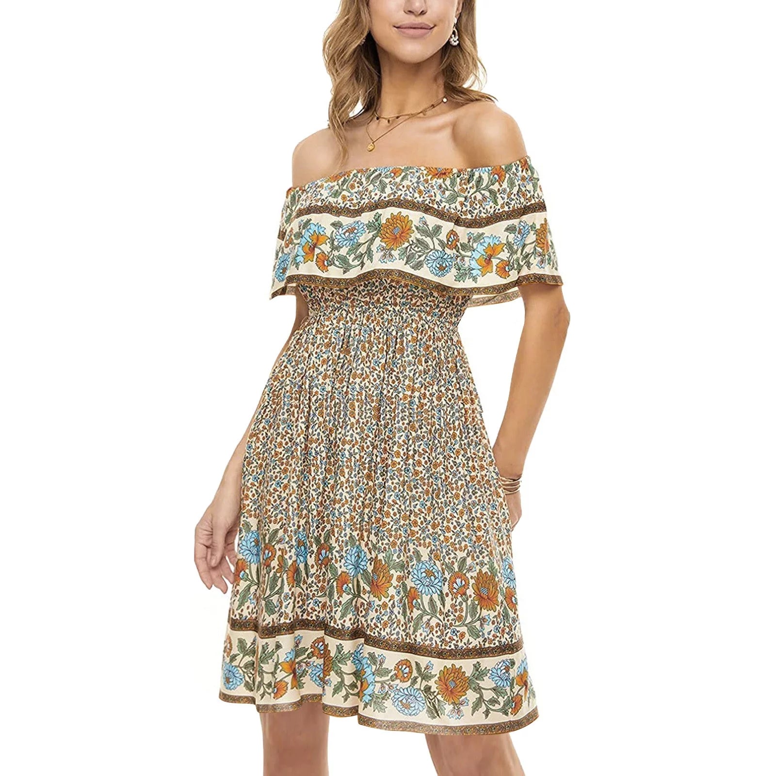 Aayomet Boho Dress For Women Women Casual Spring Summer Dresses V Neck 3 4 Long Sleeve Ruffle Floral Tennis Dress Beige,S