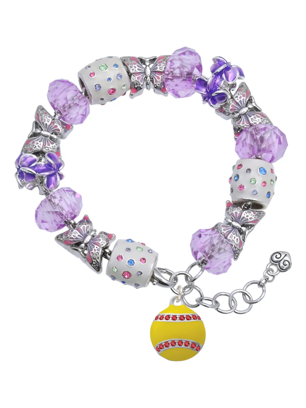 Delight Jewelry Silvertone Optic Yellow Softball with Red Crystal Stitching Purple Butterfly Bead Charm Bracelet, 7+1 Extender