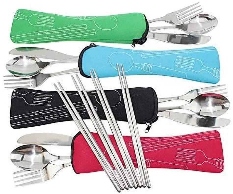 Set Of 4 / 4 Piece Stainless Steel(Knife, Fork, Spoon, Chopsticks)Lightweight Portable Tableware,Camping/Travel/Office Lunch Cutlery Set With Carrying Cases