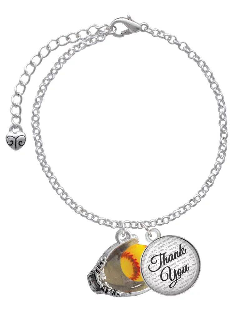 Delight Jewelry Silvertone Extra Large Softball and Glove - Domed Thank You Charm Bracelet, 6+2