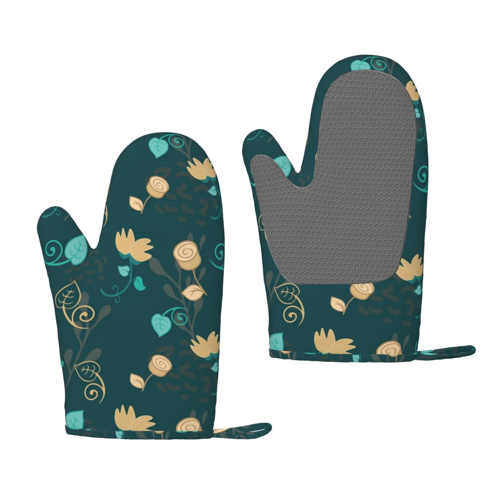 ZNDUO Kitchen Oven Gloves, Durable Heat Resistant Oven Gloves with Quilted Liner Non-Slip Textured Grip Perfect for BBQ, Baking, Cooking and Grilling, Green Vintage Flowers