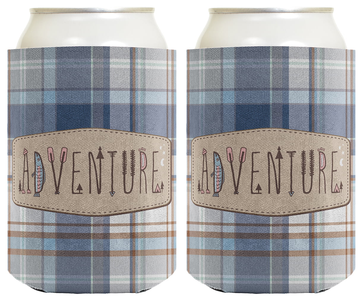 ThisWear Outdoor Gifts Adventure Word Art Camping Drinking Accessories 2-pack Can Coolie Drink Coolers Plaid