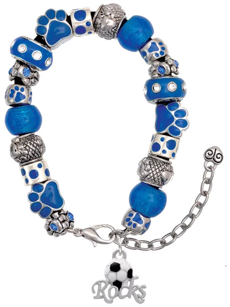 Delight Jewelry Silvertone Enamel Soccer ball ''Rocks'' Blue Paw Print Bead Bracelet, 7+2